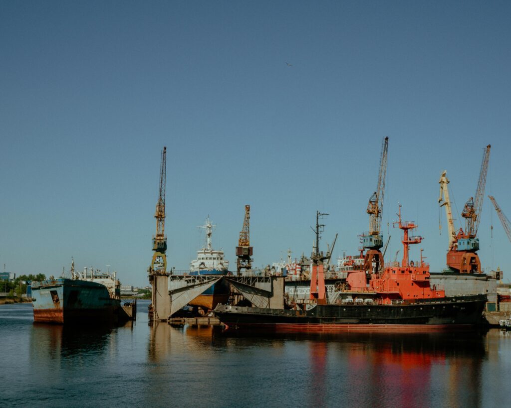 Several ships docked at an industrial port with large cranes towering above them. Some ships are painted blue and others red. The water is calm, and the sky is clear.