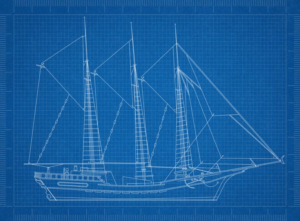 Recruiters for Naval Architect Blueprint illustration of a three-masted schooner ship with detailed line drawings showcasing sails, rigging, and deck structure, set against a blue grid background with measurement markings.